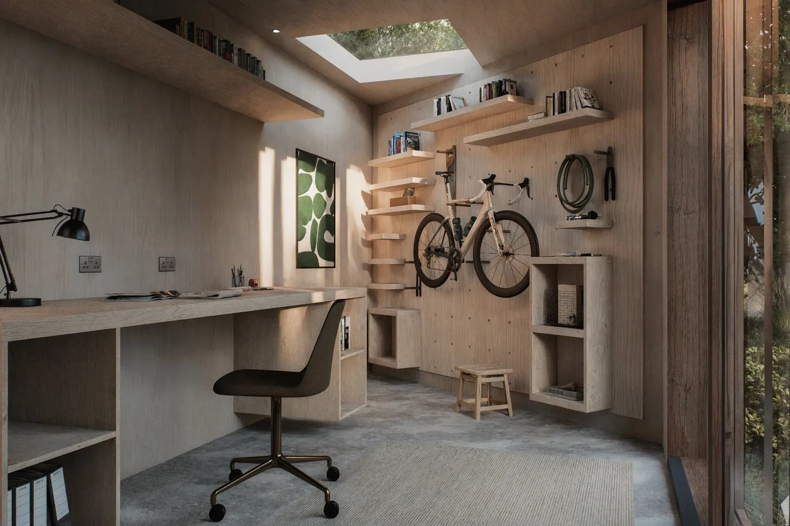 ECH WORKS — Interior of a garden studio with a desk, chair, and wall-mounted bicycle.